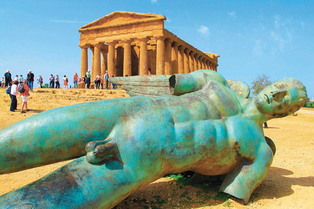 Bronze Statue of Fallen Icarus in Valley of Temples Sicily