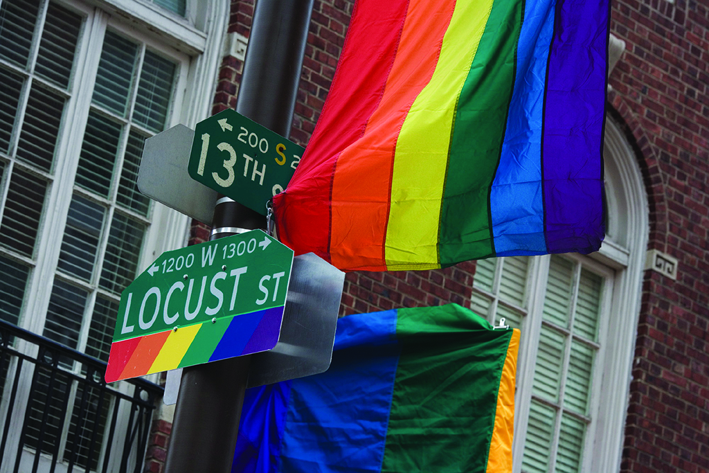 Philadelphia’s “Gayborhood” is easily identifiable thanks to rainbow markers that sit below 36 street signs in the neighborhood, which runs from Chestnut to Pine Streets between 11th and Broad Streets.