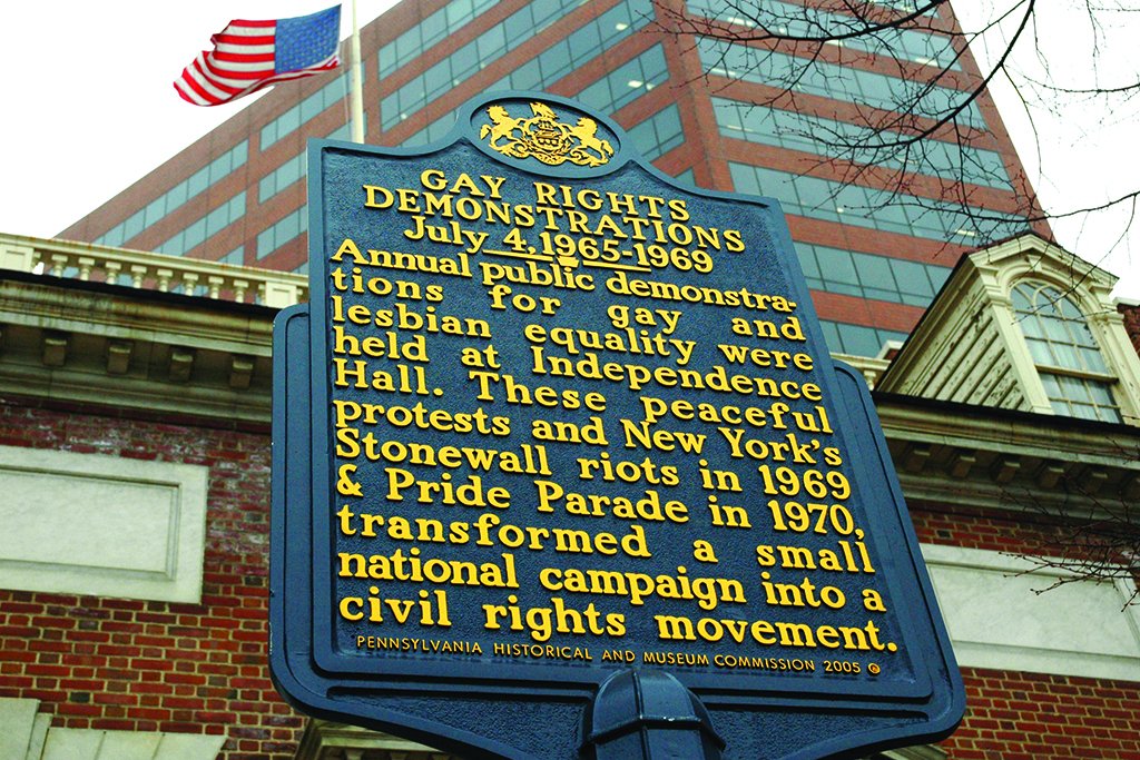 Standing directly across the street from Independence Hall and the Liberty Bell Center at 6th and Chestnut Streets, this historic marker was erected to coincide with the 40th anniversary of the first Annual Reminder, a demonstration led by gay activists on July 4 from 1965 to 1969.