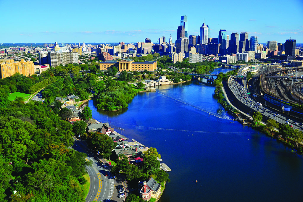 Two rivers flow through Philadelphia, the nation’s fifth largest city. The Schuylkill River, pictured here winds through the west side of the city near Fairmount Park and Center City, Philadelphia’s business district.