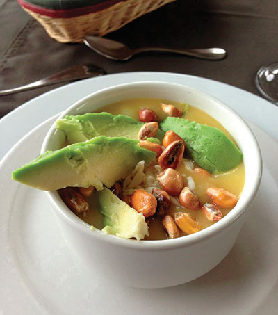 El Crater Potato Soup with avocado and cancha