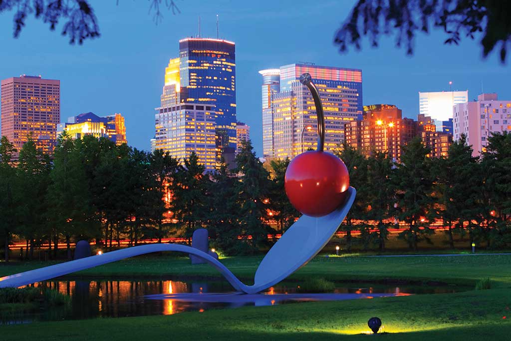 Minneapolis Skyline at dusk with Spoonbridge and Cherry