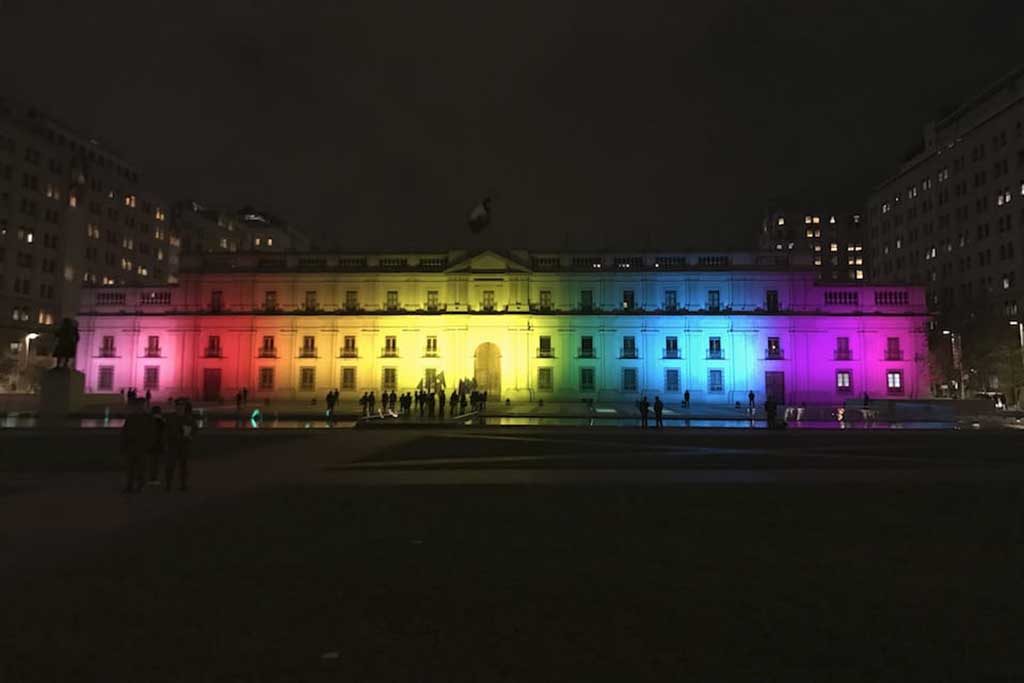 La Moneda Palace in Central Santiago lit up with rainbow lights for IDAHO on 17 May 2017