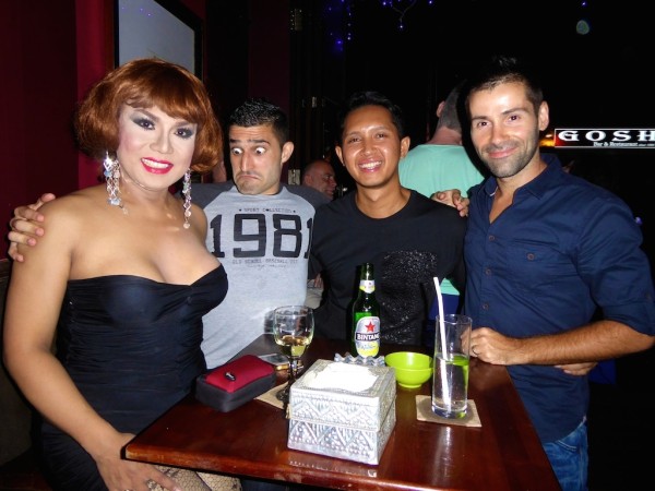 Embracing our new friends at Bali Joe gay bar in Bali, Indonesia