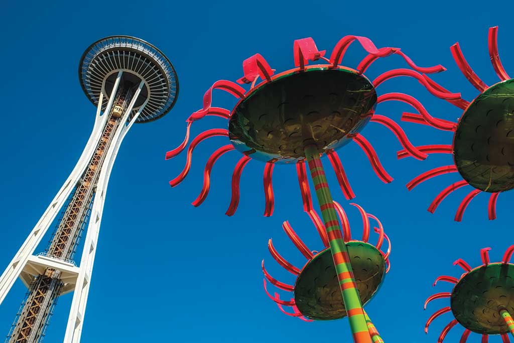 Glass Art Work and The Space Needle at Seattle Center