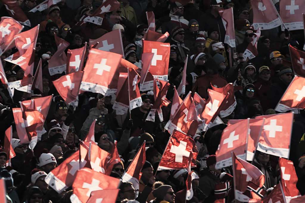 An ocean of Swiss flags